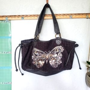 BUENO Y2K butterfly ladies purse handbag shoulder bag grey tweed sequins